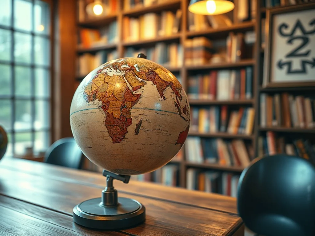 Globus na drewnianym biurku w tle biblioteki, symbolizujący podróże i odkrywanie świata.