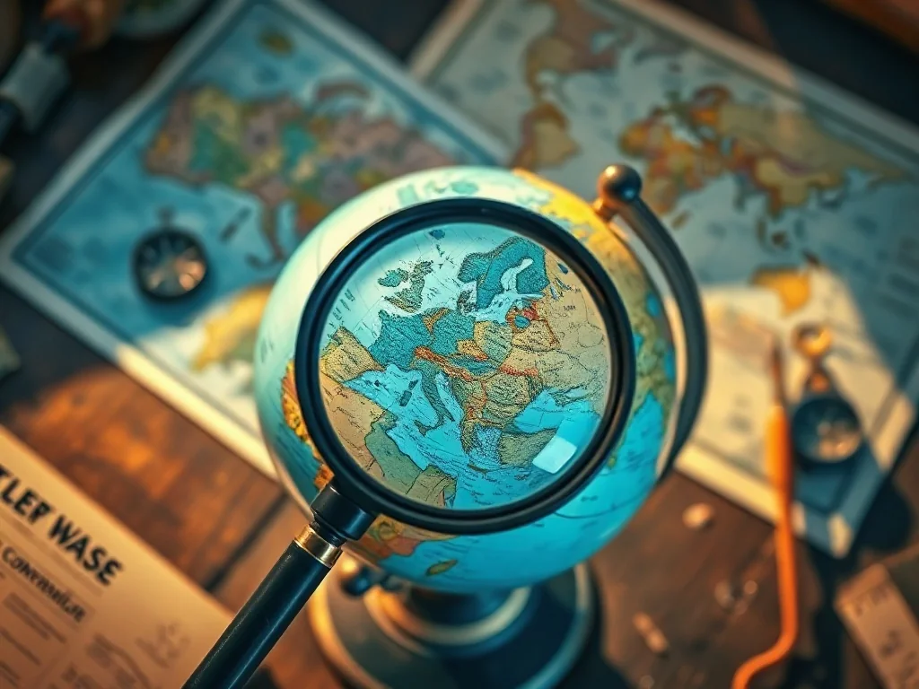 Globus na drewnianym biurku z lupą skierowaną na Europę, otoczony starymi mapami i kompasem w ciepłym, podróżniczym klimacie.
