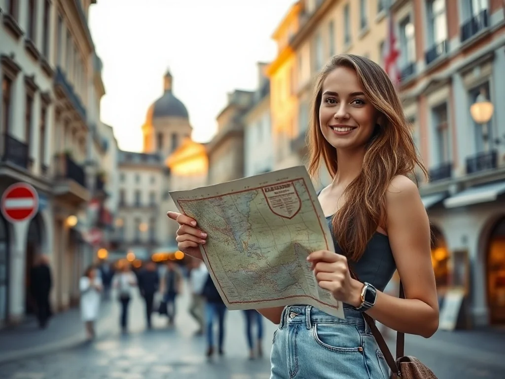 Kobieta z mapą w dłoniach planuje podróż na tle malowniczego europejskiego miasta w świetle zachodzącego słońca.