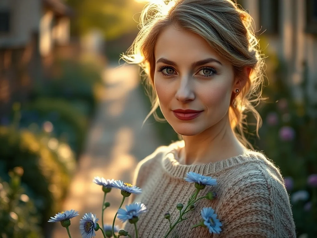 Elegancka kobieta w słonecznym ogrodzie z bukietem chabrów, podkreślająca subtelny i naturalny charakter imienia Kornelia.