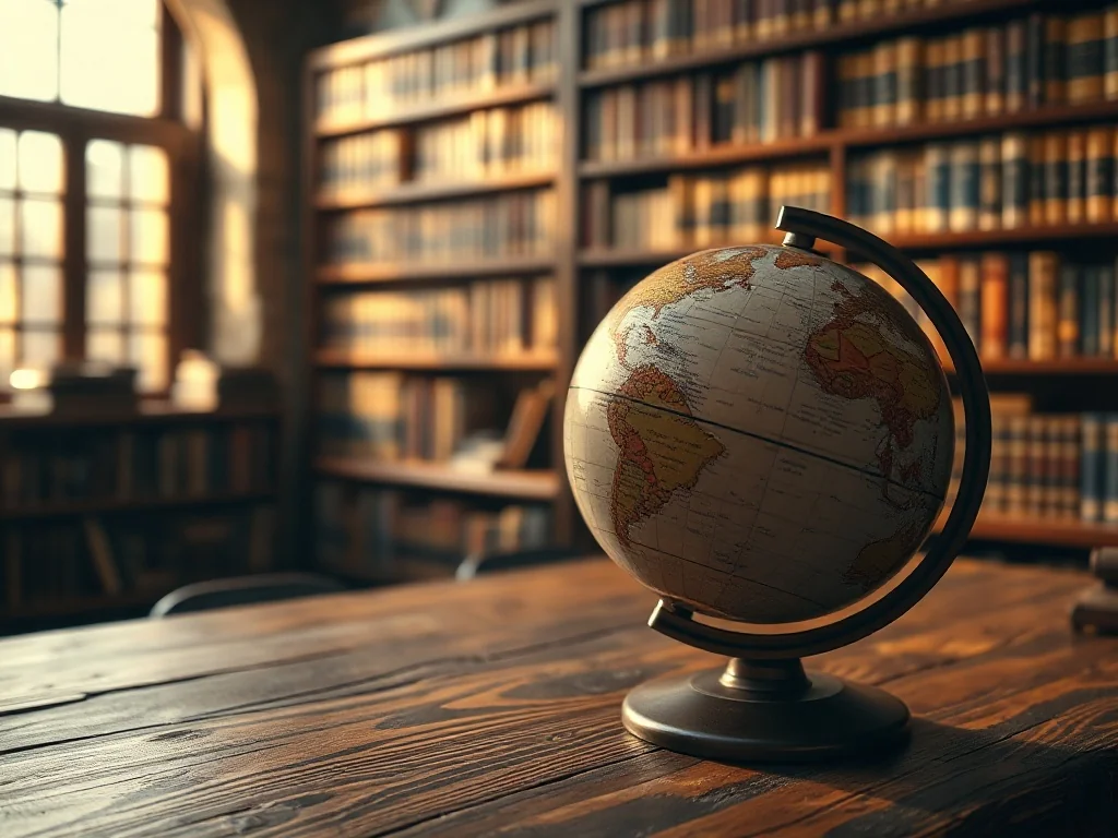Zabytkowy globus na drewnianym biurku w bibliotece, symbolizujący odkrywanie państw świata.