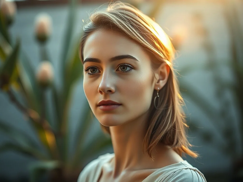 Portret młodej kobiety o łagodnym wyrazie twarzy na tle rozmytego ogrodu w świetle zachodzącego słońca.